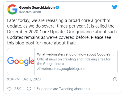 google announce December 2020 core update by twitter